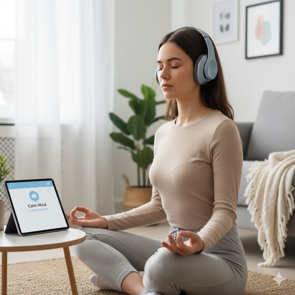 Benefits of Meditation for Mental Health - Beginner practicing guided meditation with an app