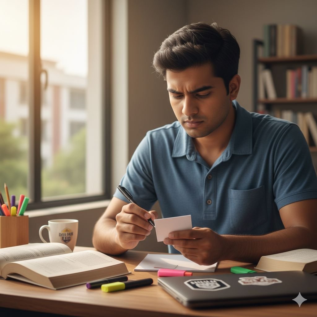 Effective Study Techniques for Students - Student practicing active recall with flashcards