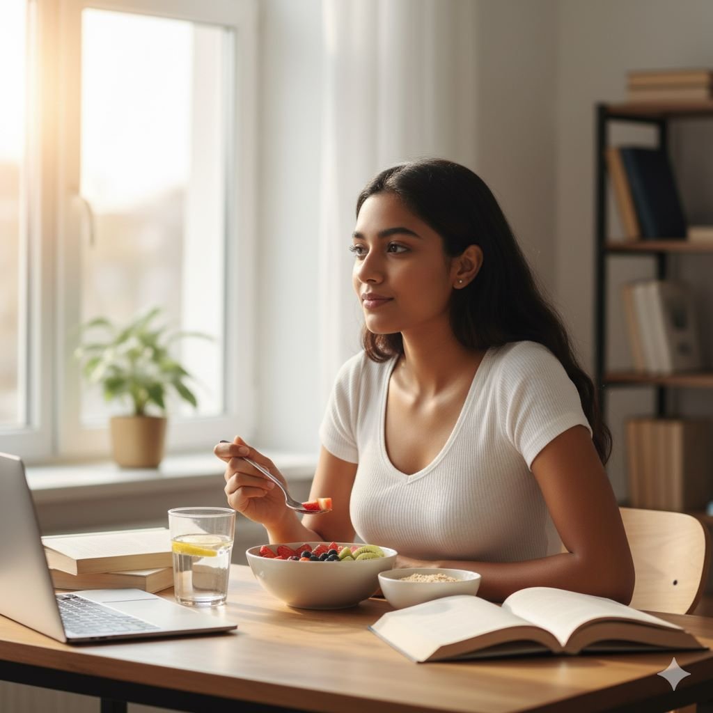 A student having a healthy breakfast with fruits and water before studying