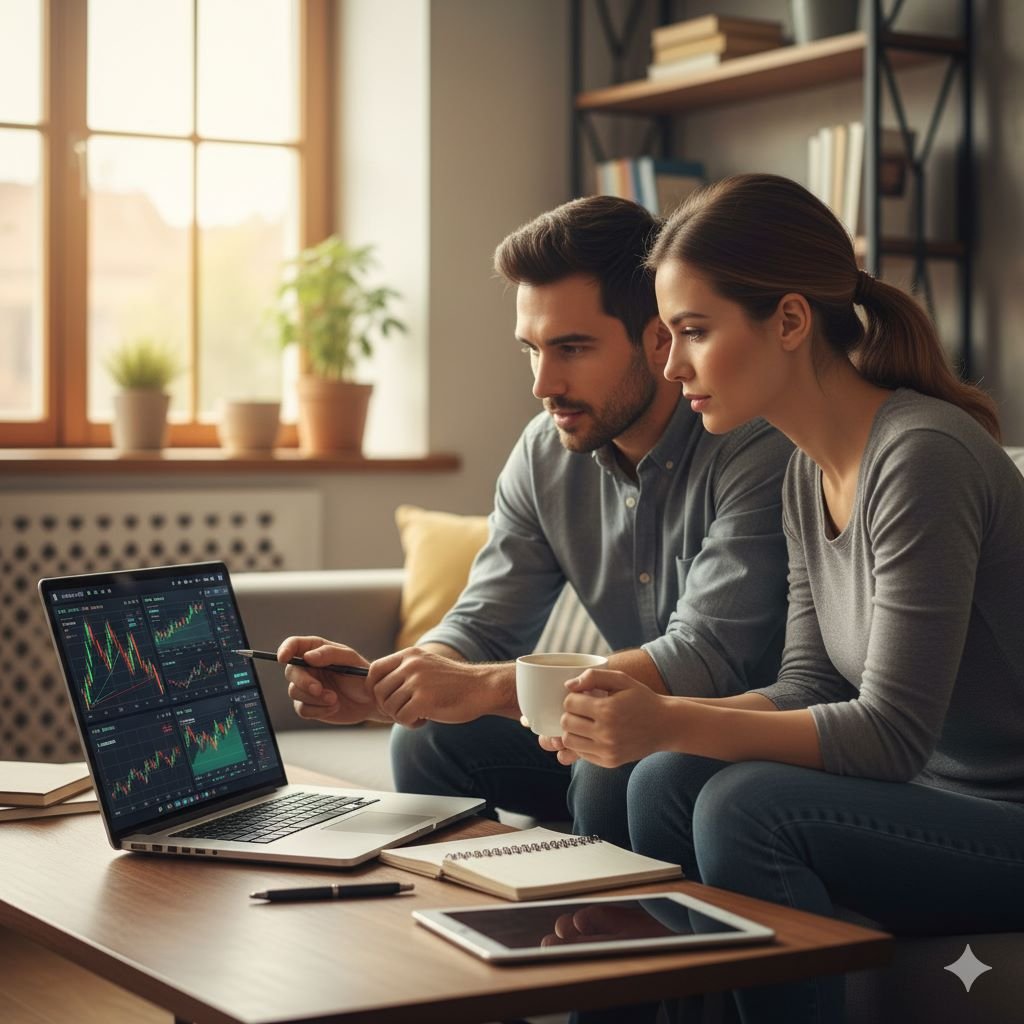 Beginners learning stock market basics using laptop and charts