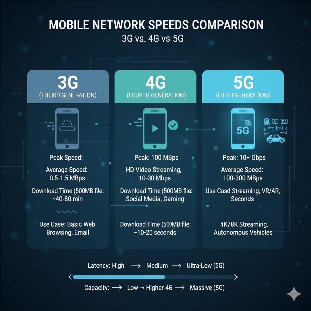 Infographic comparing 3G, 4G, and 5G internet speeds