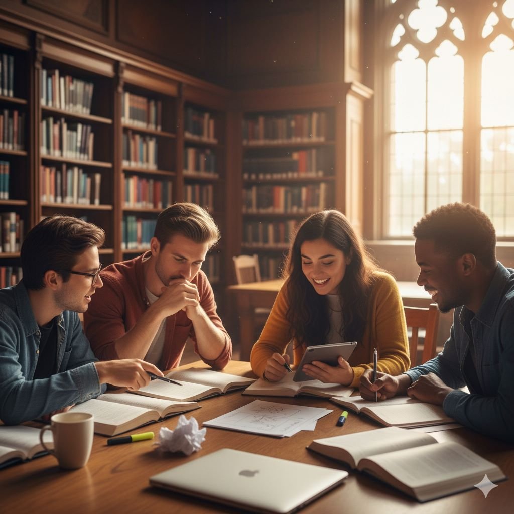 Small group of students studying together and discussing notes