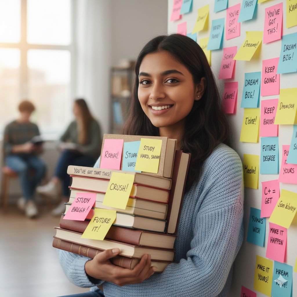Smiling student holding books with motivational sticky notes around