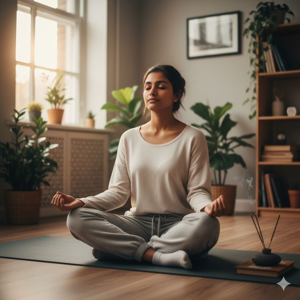 Student sitting cross-legged practicing meditation with eyes closed
