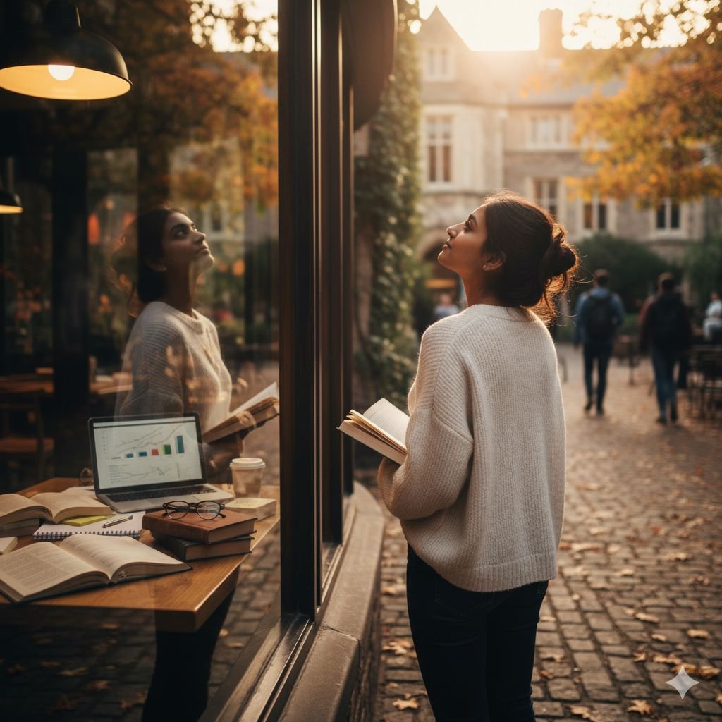 Student taking a short walk outside after studying with books on desk