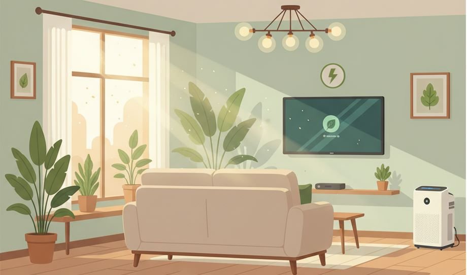 Eco-friendly home interior with indoor plants, LED lights, and energy-efficient appliances