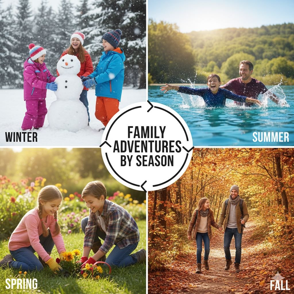 Family engaging in activities across all four seasons representing balanced seasonal parenting