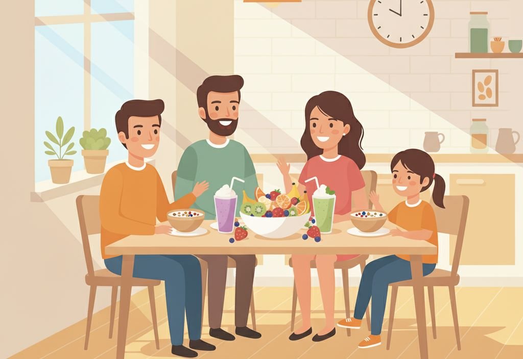 Family enjoying healthy breakfast together before school