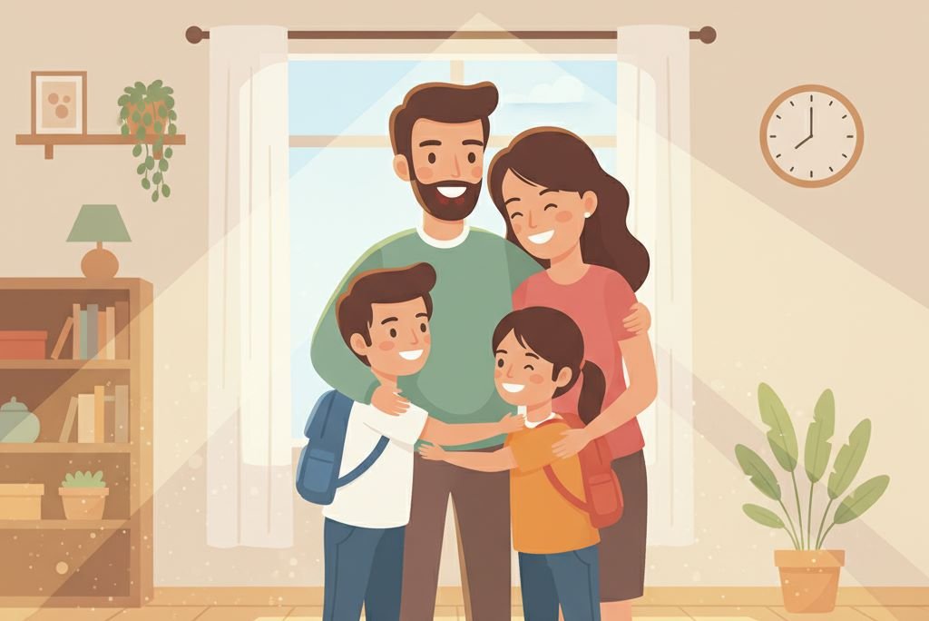 Family hugging before starting the day