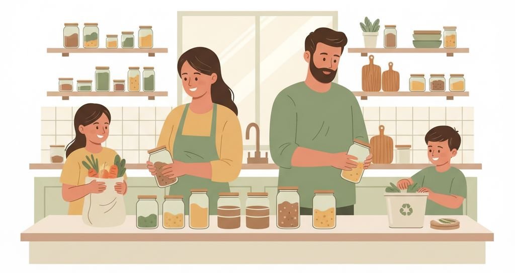 Family in a kitchen using reusable containers, cloth bags, and compost bin to reduce single-use waste