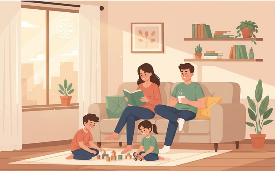 Family relaxing together peacefully, reflecting good time management