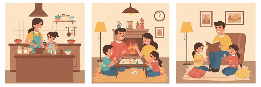 Illustration of indoor family bonding activities like cooking, playing board games, and reading