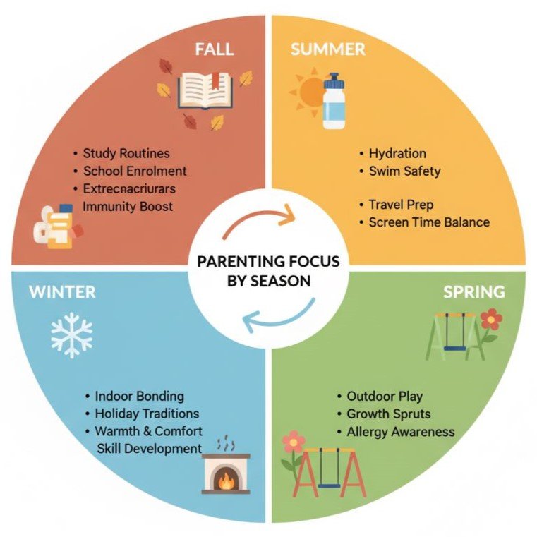 Infographic showing seasonal parenting tips for summer, autumn, winter, and spring with icons of sun, leaf, snowflake, and flower