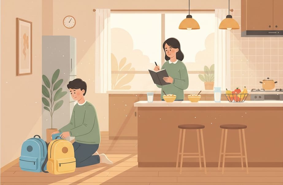 Working parent organizing kids’ morning routine with planning and preparation