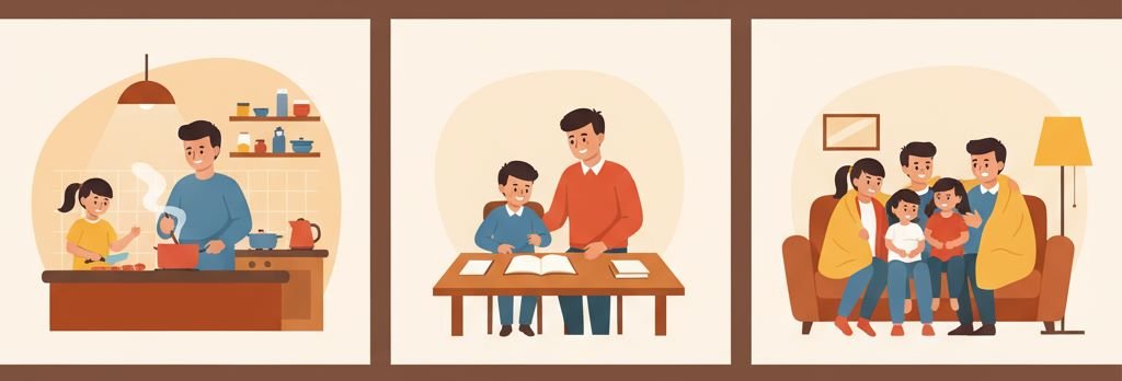 Working parents spending quality evening time with children at home